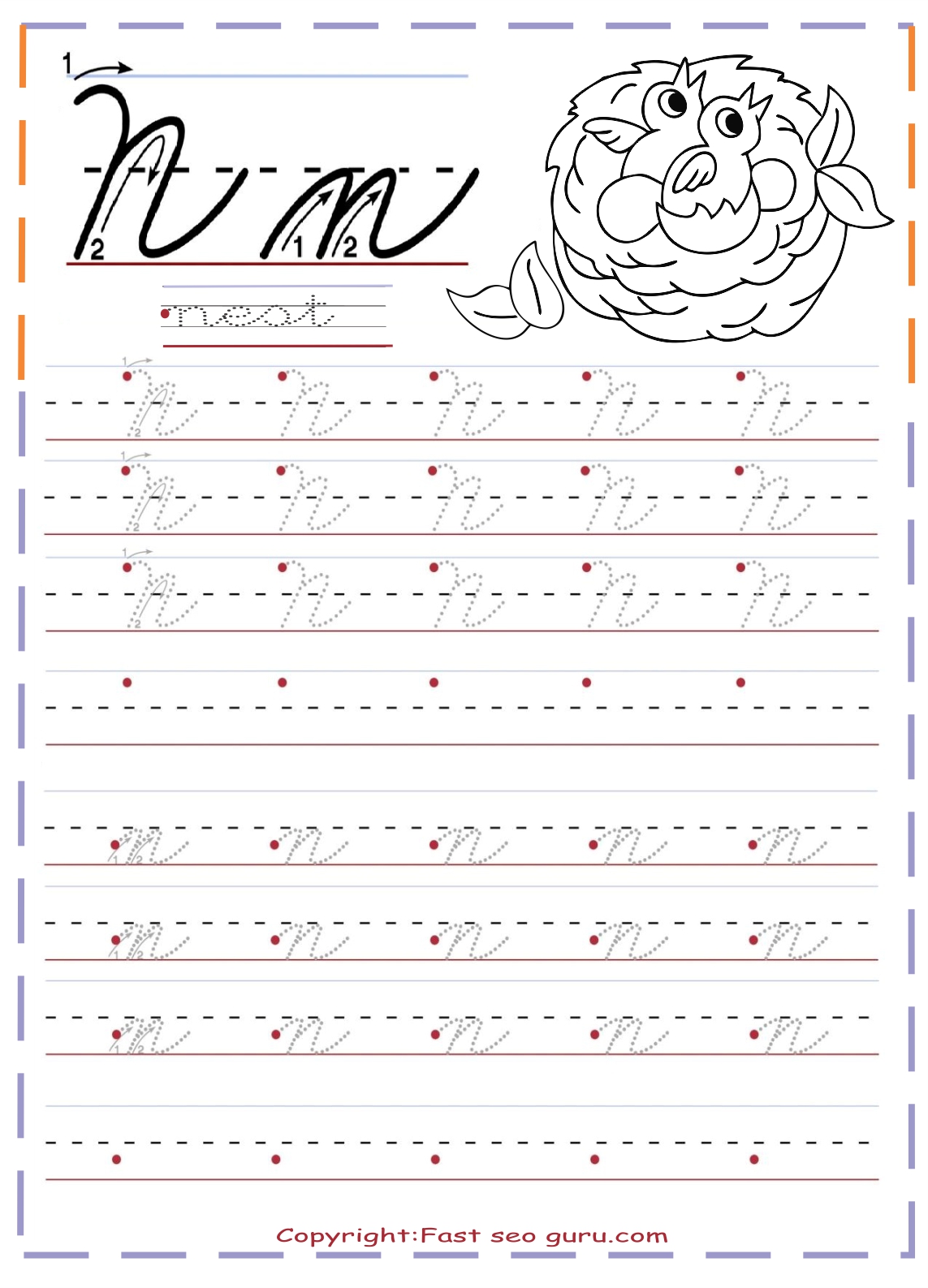 cursive handwriting tracing worksheets letter n for nest